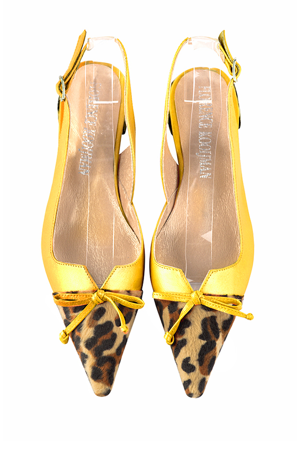 Safari black and yellow women's open back shoes, with a knot. Pointed toe. Flat flare heels. Top view - Florence KOOIJMAN